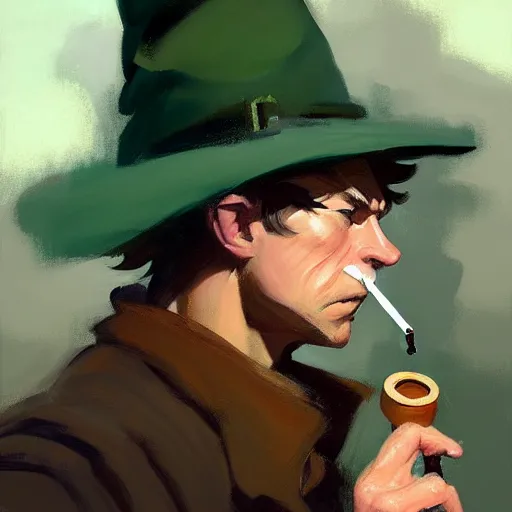 Image similar to greg manchess portrait painting of snufkin smoking a pipe, medium shot, asymmetrical, profile picture, organic painting, rainy day, matte painting, bold shapes, hard edges, street art, trending on artstation, by huang guangjian and gil elvgren and sachin teng