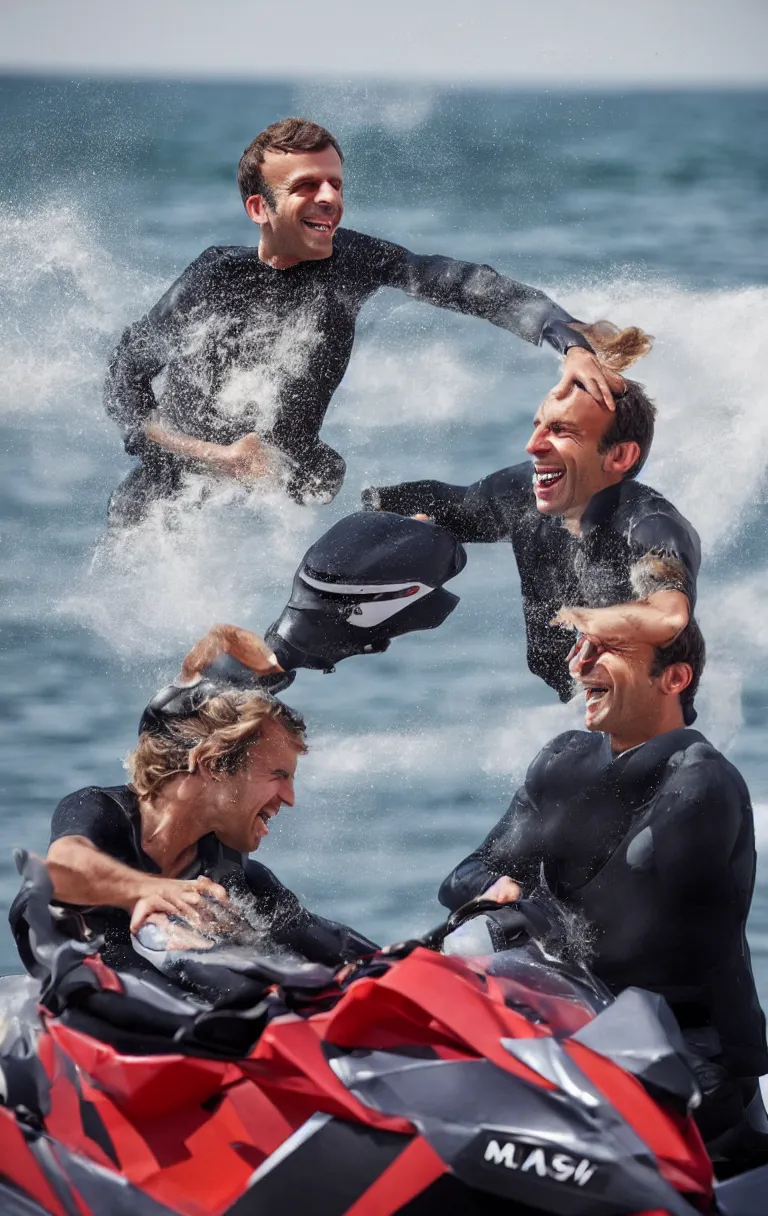 Image similar to portrait of emmanuel macron laughing on a jetski while big fires spread