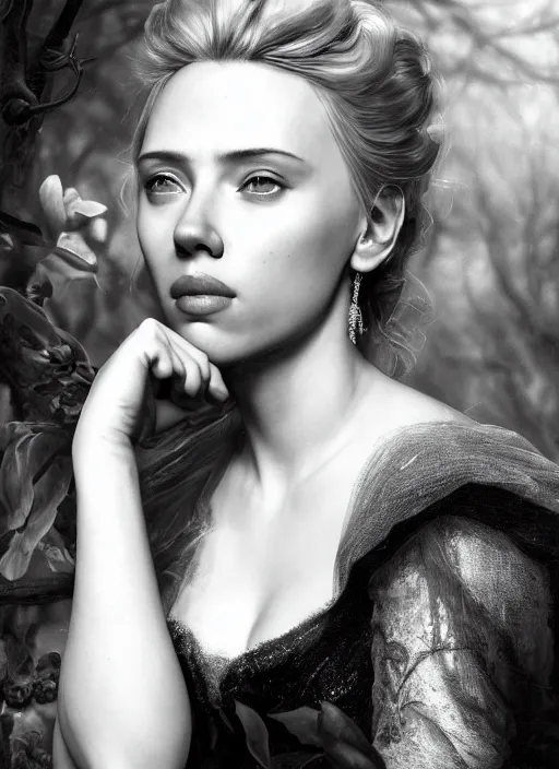 Prompt: Beautiful elsa, Looks like Scarlett Johansson, In the woods, Dramatic, Edge, Good, Infused, Backlight, De-Noise, VFX, insanely detailed and intricate, hypermaximalist, facial ,elegant, ornate, hyper realistic, super detailed, by Anthony Van Dyck, by Ivan Shishkin, by John Constable