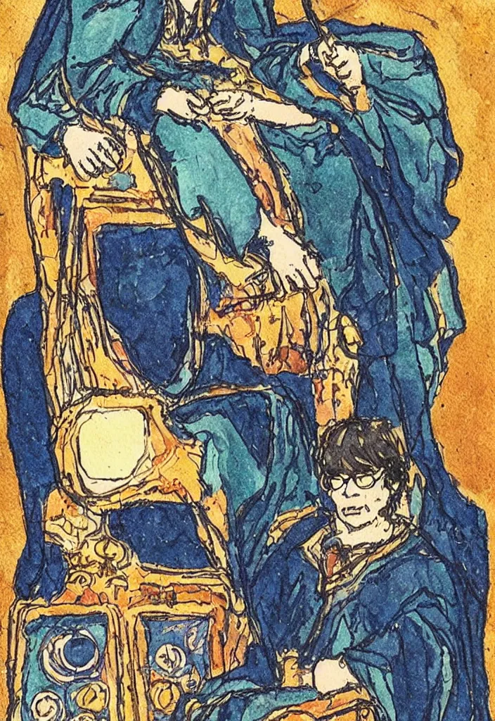 Image similar to Yann LeCun sitting on the throne on a tarot card, illustrated on the Rider–Waite tarot.