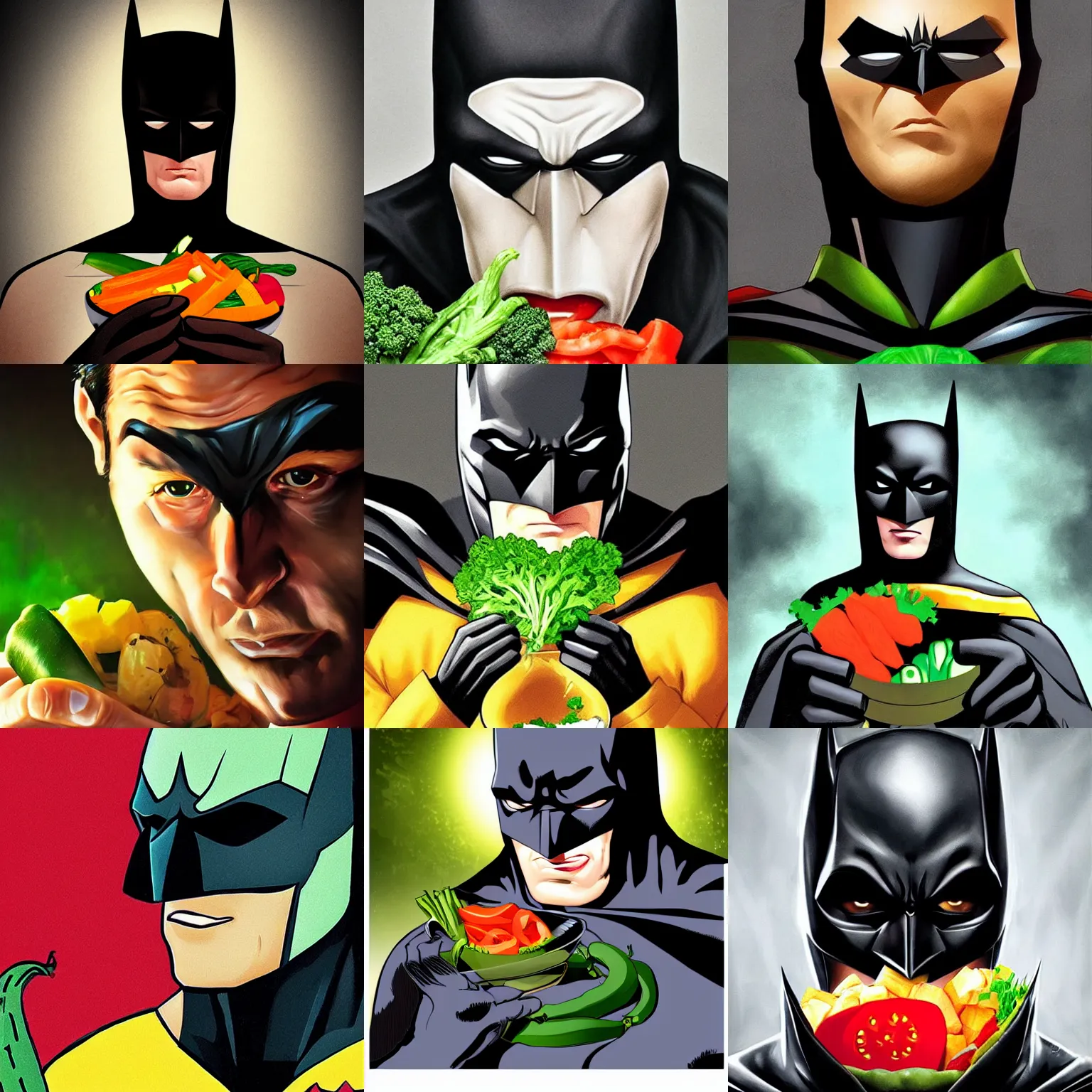 Prompt: A stunning portrait of Batman eating vegetable, Trending on Artstation, 8K