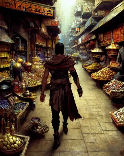 Prompt: fantasy concept art by craig mullins depicting colin farrell as an ancient egyptian rogue walking through a busy oriental market