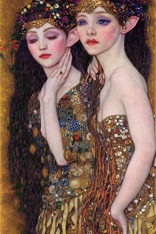 Prompt: two beautiful young elf maidens, fantasy, kiss, highly detailed, artstation, illustration, art by Gustav Klimt