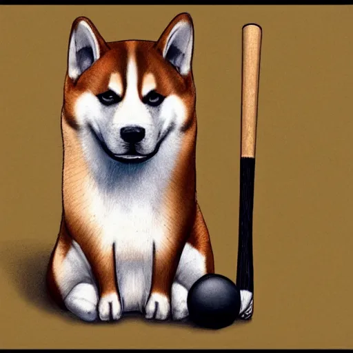 Image similar to hyper realistic shiba inu, sitting, with a baseball bat, concept art, trending on art station
