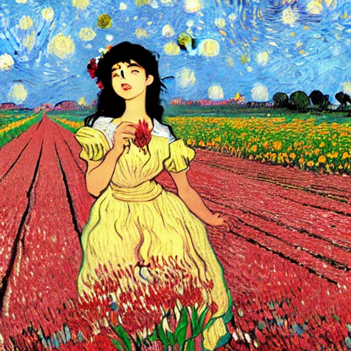 Image similar to beautiful dark skin mexican woman, dancing in a field of tulips and baby's breath, prominent, rosy cheek bones, black hair and brown eyes, van gogh art style, art by hayao miyazaki, makoto shinkai