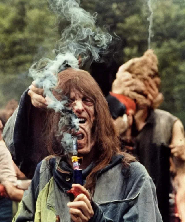 Image similar to photograph of emperor palpatine smoking weed at woodstock in 1 9 6 9, 3 5 mm film, kodachrome
