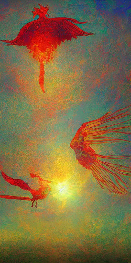 Image similar to the solarpunk phoenix, red bird, ornate egg, regeneration, landscape, epic composition, volumetric light, bokeh, inspired by monet and by alphonse mucha