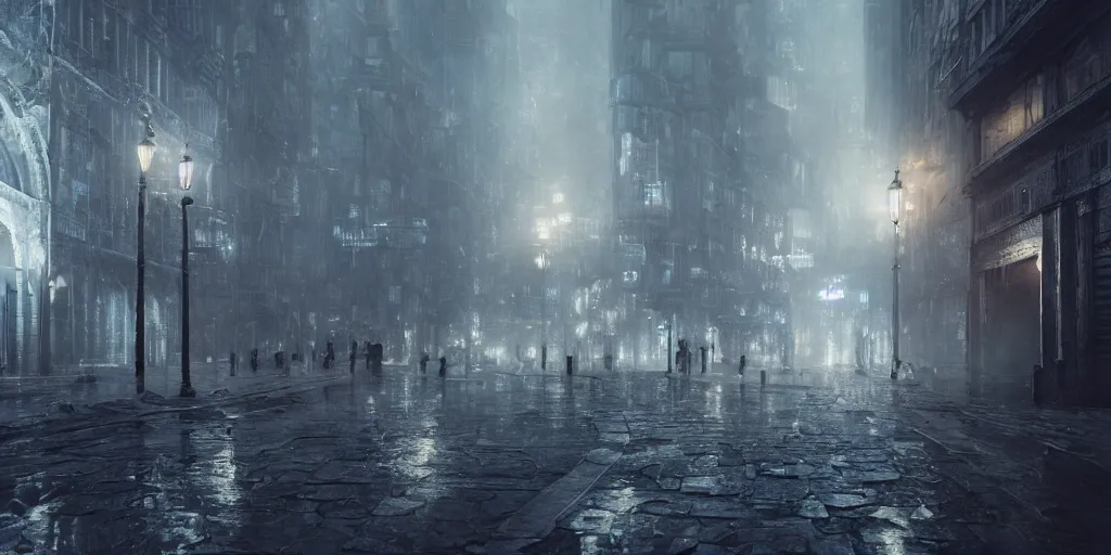 Prompt: a cold and melancholic city in a dark and rainy cavern, fantasy digital art, octane render, beautiful composition, trending on artstation, award - winning photograph, masterpiece