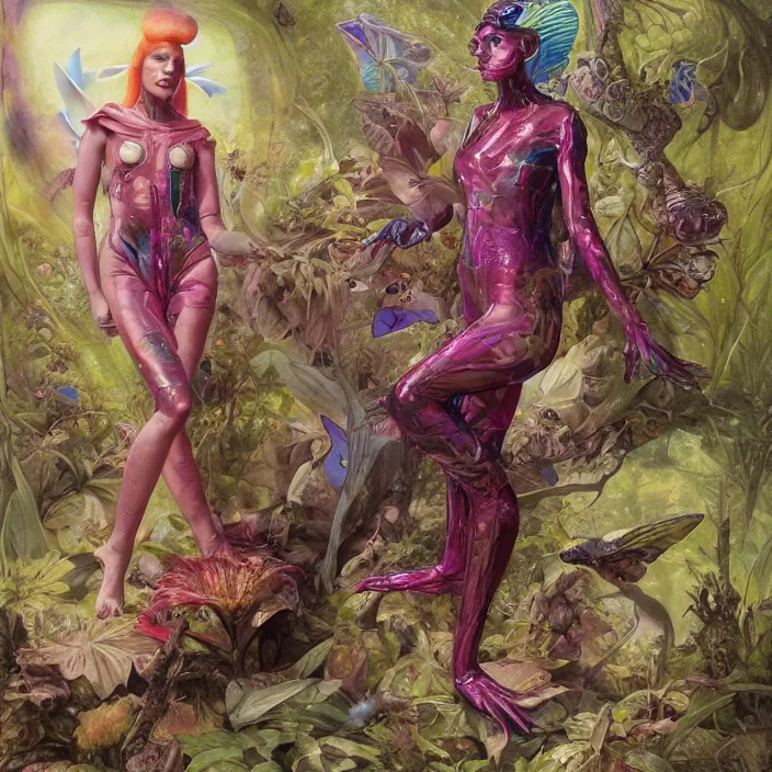 Prompt: a fashion editorial of fairy as a brightly colored sphinx amphibian hybrid with wet translucent skin. wearing an growing organic exosuit. by tom bagshaw, donato giancola, hans holbein, walton ford, gaston bussiere, brian froud, peter mohrbacher and magali villeneuve. 8 k, cgsociety