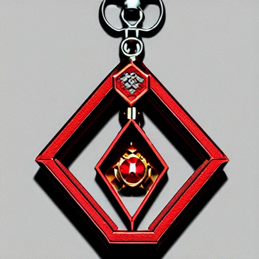 Image similar to a 3d game object of the metal key for the cage that has shape of the dragon and large red diamond in it, it is very detailed, on the white background, rpg game inventory item