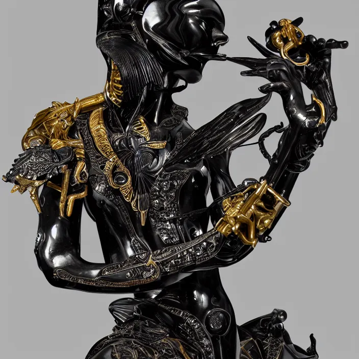 Image similar to fine art statue of black egyptian man on a surrealist motorbike motorcycle, ebony art deco sculpture, carved black marble, inlaid with ebony and gold accents, ebony rococo, wings black lace wear, spider zero, zaha hadid, beautifully lit, hyper detailed, octane render, intricate, elite, ornate, photorealistic, micro details, 3 d sculpture, ray trace