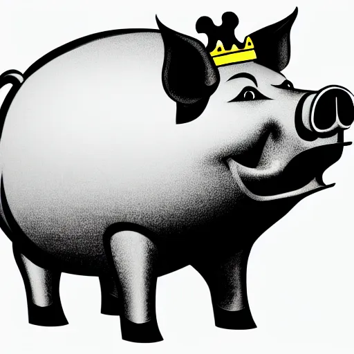 Prompt: side view of a smiling pig wearing a gold crown on it's head black and white illustration concept art in the style of Arthur Adams, full body 8k