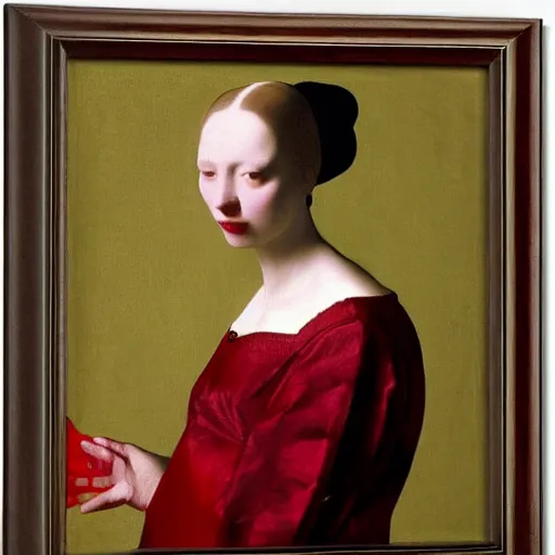 Prompt: sublime portrait of a woman in a red satin dress, very pale, graceful, imposing, idealistic, by Vermeer, Jean Auguste Dominique Ingres, 17th-century, smooth, sharp focus, highly realistic