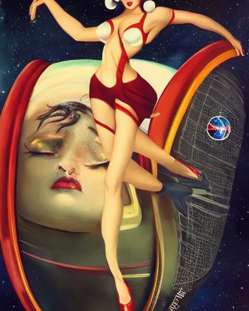 Image similar to retro space dita von teese varga girl posing on a space ship, retro pinup model, anna dittmann, gil elvgren, alberto vargas.