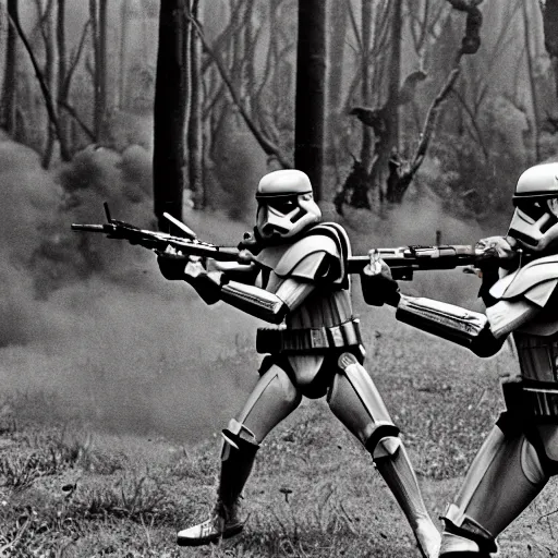 Image similar to star wars clone troopers combat soldiers in vietnam, photo, old picture, lush landscape, jungle, firearms, explosions, helicopters, aerial combat, active battle zone, flamethrower, air support, jedi, land mines, gunfire, violent, star destroyers, star wars lasers, sci - fi, jetpacks, agent orange, bomber planes, smoke, trench warfare