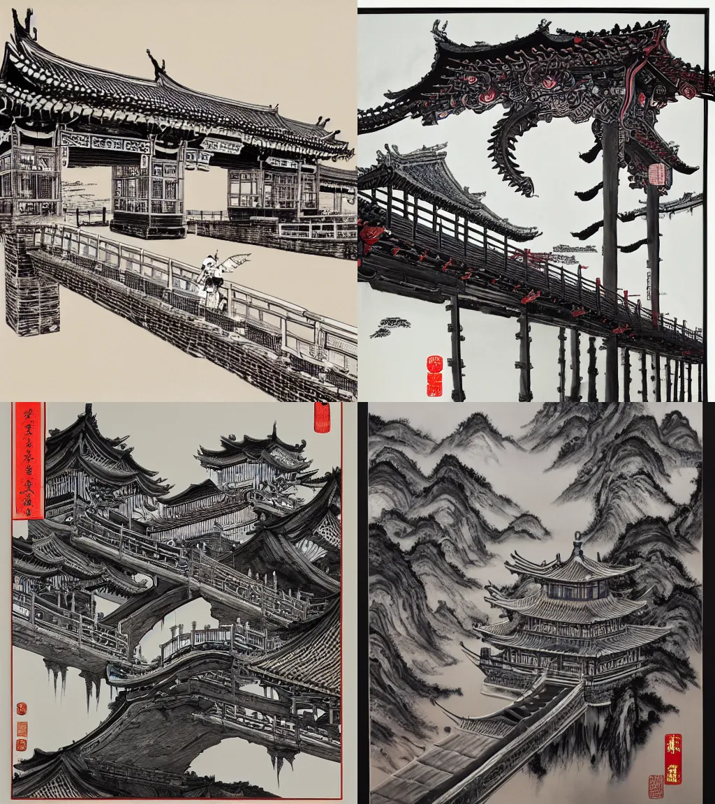 Prompt: ink painting of a chinese bridge by george tsui, gu kaizhi, tsutomu nihei, tristan eaton