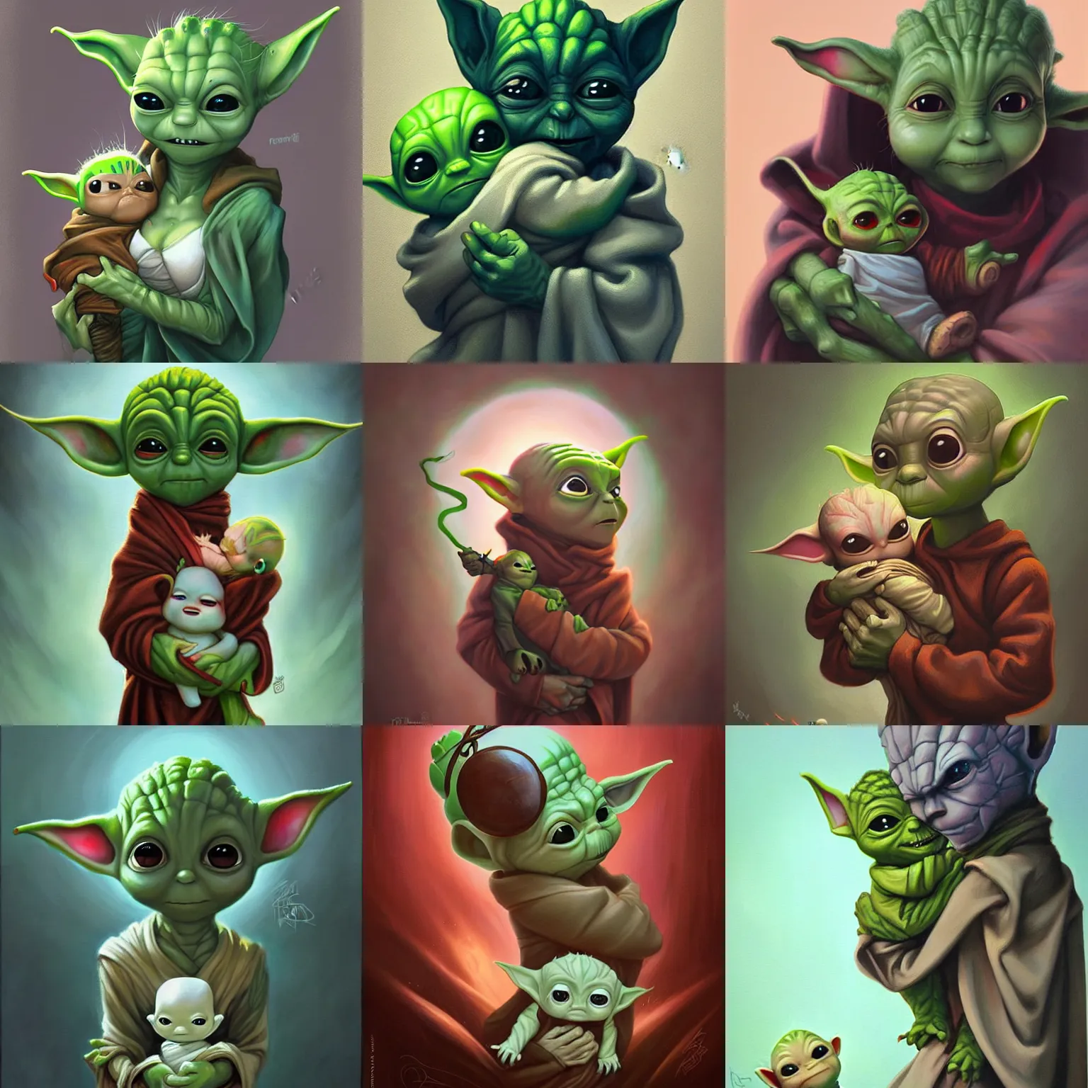Prompt: baby yoda holding baby groot in his arms by peter mohrbacher