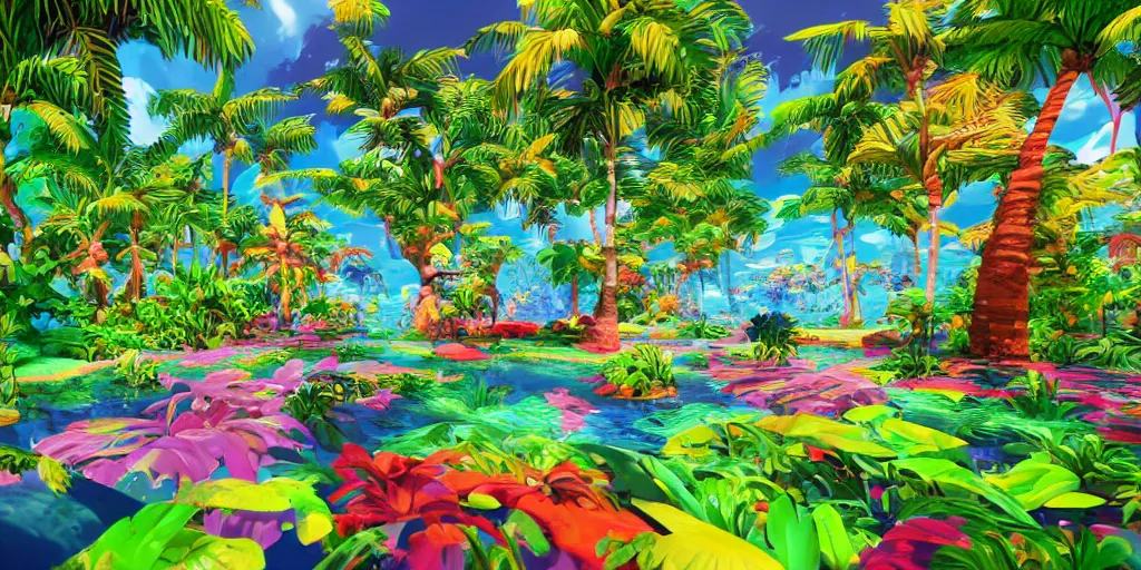 Image similar to plastic beach island lush vegetation caustics fluid simulation lighting impressive colorful masterpiece graffiti hyper perspective textured detailed intricate sharp focus 8 k