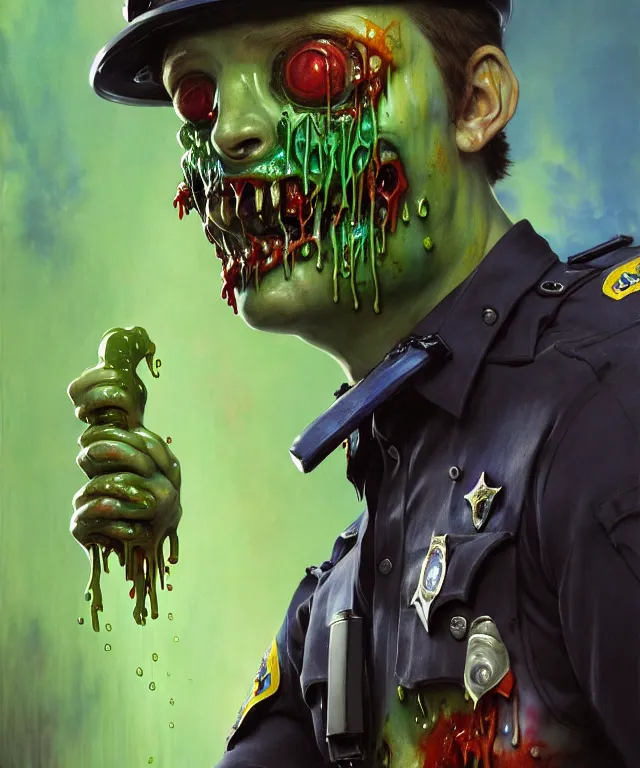 Image similar to painting of a slimy zombie cop dripping with slime and colorful goop by edgar maxence and rhads and leyendecker. los angeles police force, realistic police costume, award - winning digital art on pixiv, trending on artstation, cinematic lighting, dramatic lighting, stunning and beautiful scenery - highly detailed, hyperrealistic, unreal engine 5