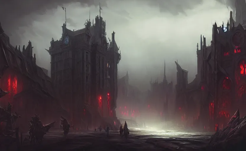 Prompt: extreme long shot concept art depicted old english majestic town, dramatic mood, overcast mood, dark fantasy environment, dieselpunk, art from legends of runeterra, art from league of legends, art from arcane, trending on artstation, unreal engine, golden ratio, spectacular composition