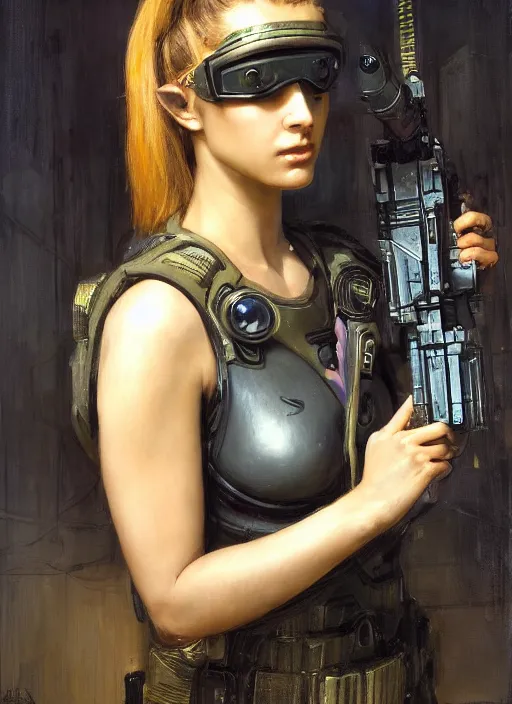 Image similar to athena. beautiful cyberpunk female USN marine wearing a military vest and military jumpsuit (cyberpunk 2077, bladerunner 2049). gorgeous face. Iranian orientalist portrait by john william waterhouse and Edwin Longsden Long and Theodore Ralli and Nasreddine Dinet, oil on canvas. Cinematic, hyper realism, realistic proportions, dramatic lighting, high detail 4k