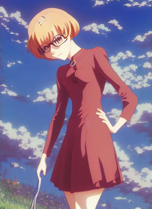 Image similar to Painting of Velma Dinkley in the style of Violet Evergarden, anime style, winged eyelashes, countryside, calm, fantasy character portrait, dark outlines, dynamic pose, above view, sunny day, artwork by Makoto Shinkai, very coherent asymmetrical artwork, sharp edges, perfect face, simple form, 100mm