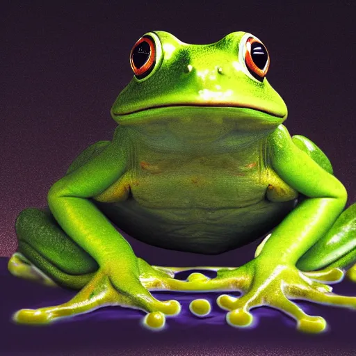 Prompt: sad humanoid frog holding his head in front of a computer screen in a dingy dark room at night. realistic digital art.