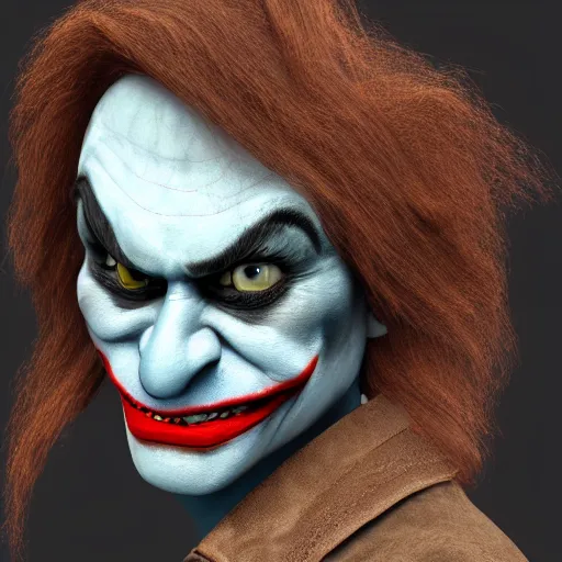 Image similar to 3 d render of a photorealistic human troll face with joker makeup wearing a suede leather jacket blue jeans, 8 k, very detailed, very intricate, white background,