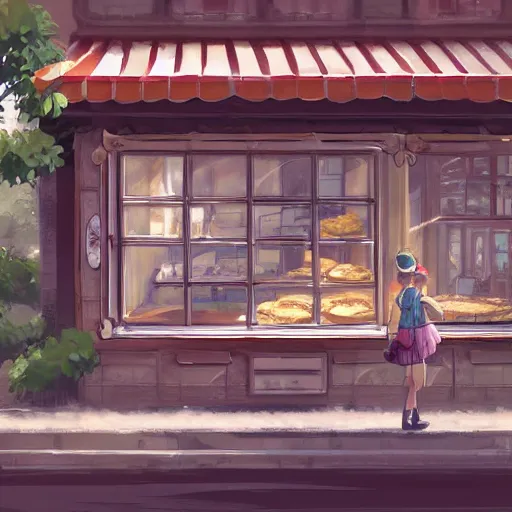 Image similar to concept art painting of a historic bakery with european and japanese architecture, window with baked goods, in a woodland village surrounded by trees and mountains, realistic, detailed, cel shaded, in the style of makoto shinkai and greg rutkowski and james gurney