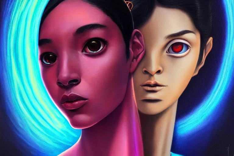 Image similar to patron saint of 🛸🌈👩🏾, futuristic clothing, neon god of city character portrait, in the style of margaret keane, moebius, tom bagshaw, and waterhouse, cinematic lighting, beautiful, elegant, oil painting,