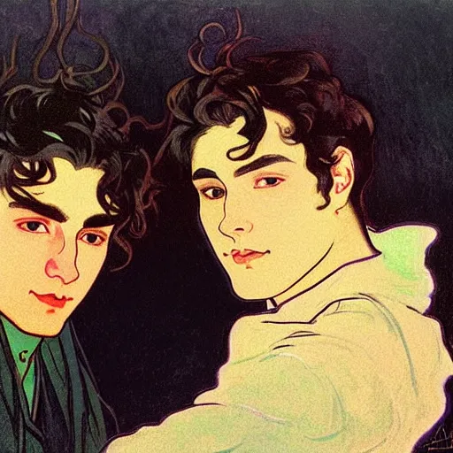 Image similar to painting of young cute handsome beautiful dark medium wavy hair man in his 2 0 s named shadow taehyung and cute handsome beautiful min - jun together at the halloween! party, bubbling cauldron!, candles!, smoke, autumn! colors, elegant, wearing suits!, delicate facial features, art by alphonse mucha, vincent van gogh, egon schiele