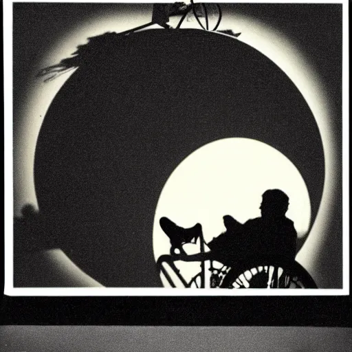 Image similar to sillouette of robert wyatt in a wheelchair flying against the moon at night,