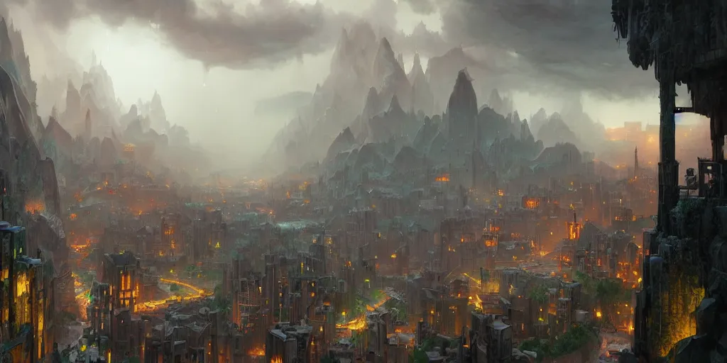 Prompt: the city of tears, dark cavern, rainy and gloomy atmosphere, viewed from afar, extremely detailed oil painting, unreal 5 render, rhads, bruce pennington, studio ghibli, tim hildebrandt, digital art, octane render, beautiful composition, trending on artstation, award - winning photograph, masterpiece