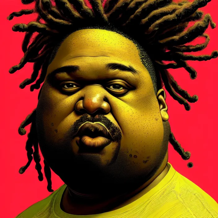 Prompt: hyperrealistic mixed media portrait of a moridly obese black man with dreads doing brazilian jiu jitsu, stunning 3d render inspired art by P. Craig Russell and Barry Windsor-Smith + perfect facial symmetry + dim volumetric lighting, 8k octane beautifully detailed render, post-processing, extremely hyperdetailed, epic composition, grim yet sparkling atmosphere, cinematic lighting + masterpiece, trending on artstation