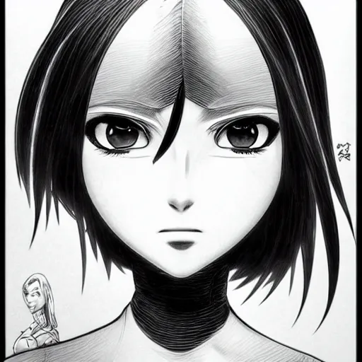 Image similar to alita by yukito kishiro. medium shot. black and white manga. pencil drawing.