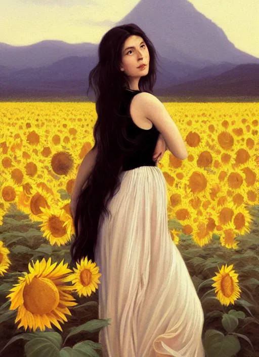 Prompt: oil painting portrait of a young woman with long dark flowing hair in a black dress, standing in a windy field of sunflowers at sunset with mountains in the background, hazy, digital art, chiaroscuro, artstation, cinematic, golden hour, digital art painting by greg rutkowski, bouguereau, 7 0 s japanese book art, hazy atmosphere, flowers, cinematic lighting