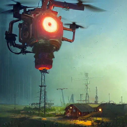 Image similar to dieselpunk concept art of a modest farm with drones and mechas working on it, grimy, gritty, dieselpunk trending on artstation, award winning painting, cgi, art by john berkey and anton fadeev and john howe and simon stalenhag