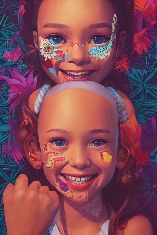 Prompt: a cute young girl smiling, Tristan Eaton, victo ngai, artgerm, RHADS, ross draws