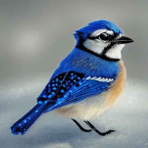 Image similar to the smallest most cutest most adorable little bluejay ever known or seen playing in a pile of snow during winter outside the window and trending on art station, stylized painting, high resolution, real life, photograph, photorealistic