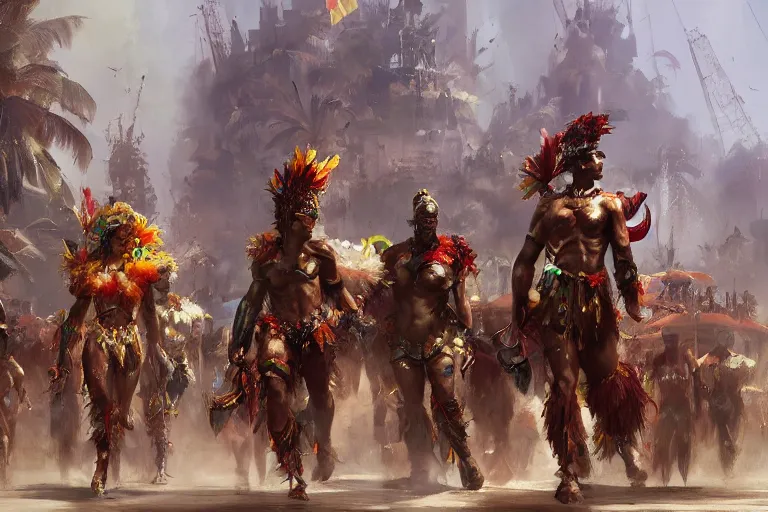 Prompt: Concept art Brazil Carnival costumes and floats , normal people with costumes, cinematic lighting, dramatic atmosphere, by Craig Mullins, 4k resolution, trending on artstation