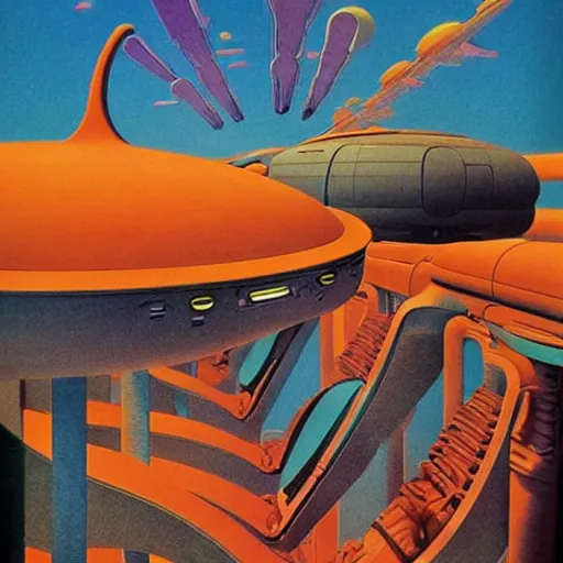 Prompt: retro futurism, artwork by roger dean, by dean ellis