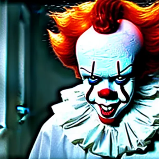 Image similar to a face and body photograph of pennywise dressed as a doctor in a hospital, with a lab coat, with a stethoscope, hyperdetailed, intricate, dramatic, horror movie, movie still, 4 k realistic, volumetric lighting, sharp focus