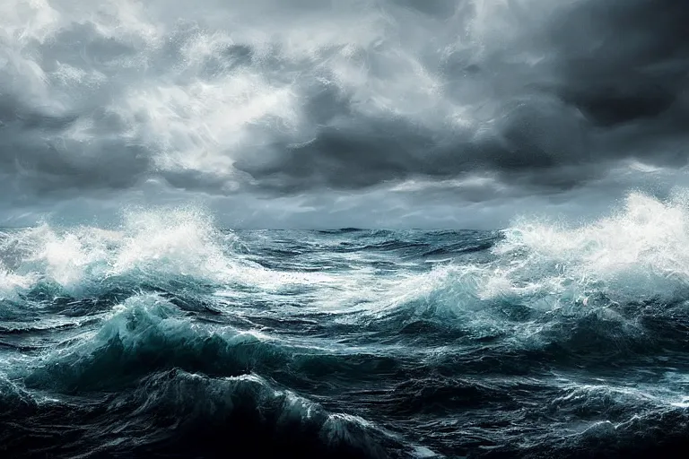 Prompt: stormy ocean with roiling waves and a cloudy sky, digital art, trending on artstation