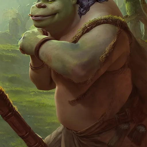 Image similar to shrek as an ancient mythological warrior deity, epic fantasy illustration, portrait, by greg rutkowski