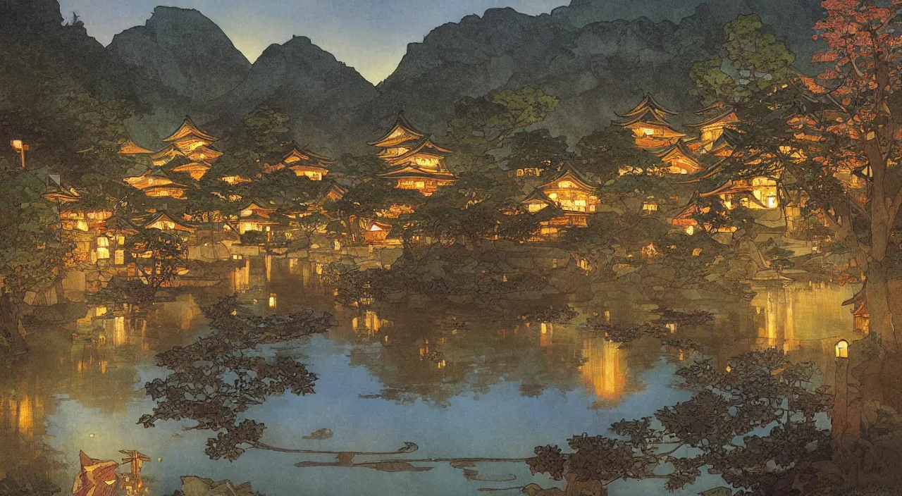 Image similar to A beautiful landscape painting of a small japanese village by a lake at night by Alfons Maria Mucha and Julie Dillon and Makoto Shinkai