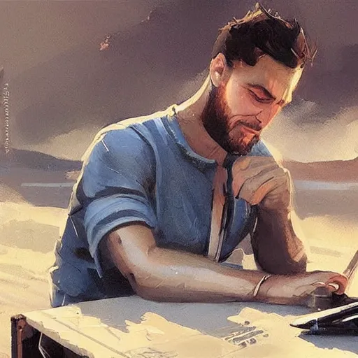 Prompt: concept art of man working on laptop at sunny beach, perfect face, fine details, by greg rutkowski