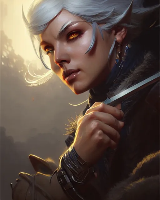 Image similar to ashe from overwatch, character portrait, concept art, intricate details, highly detailed by greg rutkowski, michael whelan and gustave dore