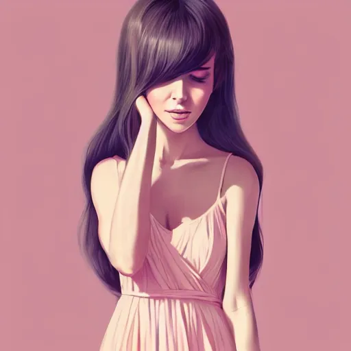 Prompt: adult female in summer dress art, pastel light pink very long hair, muted colors, matte print, pastel colors, ornate, digital art, digital painting, fan art, elegant, artstation, head is centered, by Ilya Kuvshinov