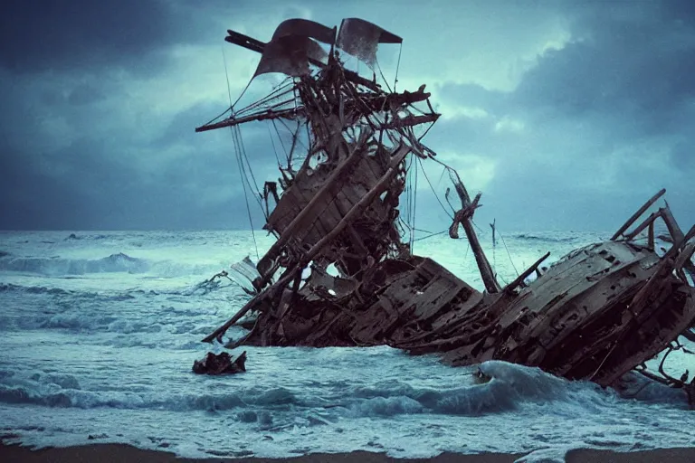 Prompt: pirate ship wreckage beached, in a storm, in the style of vernon grant and chris van allsburg, trending on artstation, bright tilt - shift camcorder effect, photoshop, retrowave, hyperrealism,