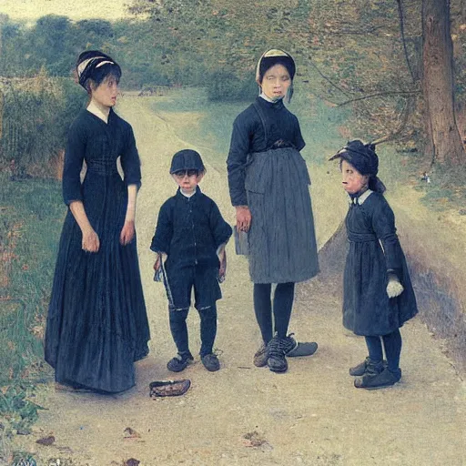 Prompt: a family portrait, all dressed in japanese streetwear, by albrecht anker, jules bastien - lepage, william henry hunt, beautiful painting, soft lighting